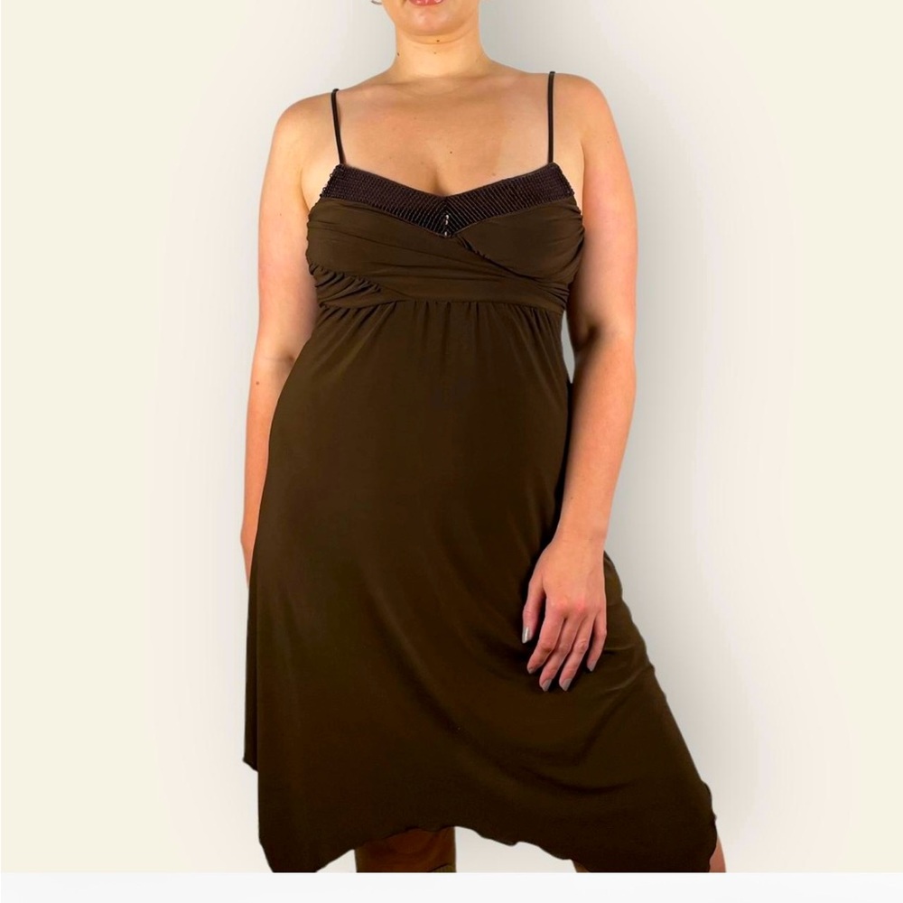Y2K BROWN SZ M dress w sequins on neckline 2000 Volume one, handkerchief hemline